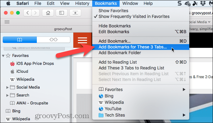Pilih Tambahkan Bookmark untuk Tab Ini di Safari pada Mac