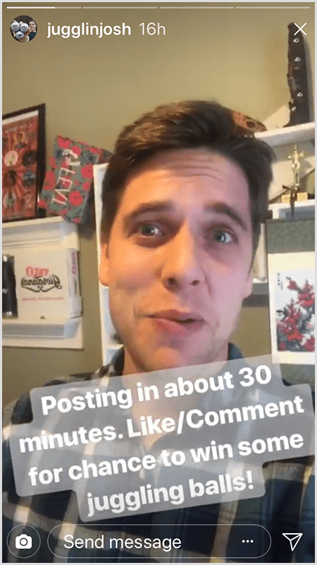 Postingan Instagram stories Josh Horton memperlihatkan Josh menghadap kamera dengan teks Posting In About 30 Mintues. Sukai / Komentari Untuk Kesempatan Memenangkan Beberapa Bola Juggling!