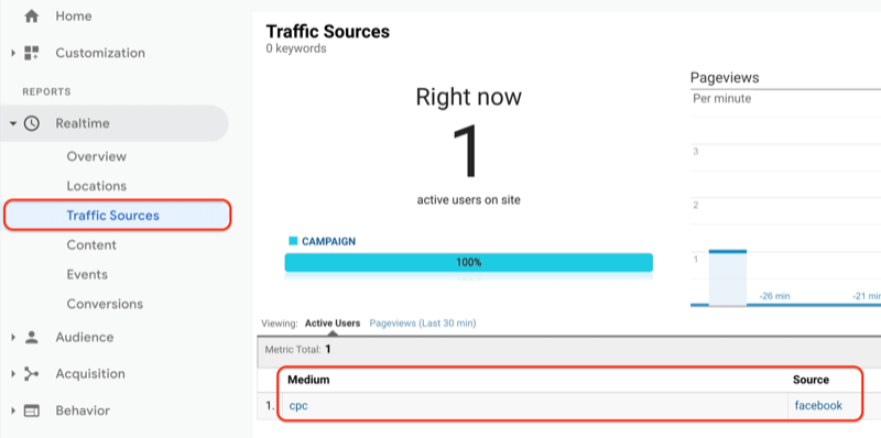 menu google analytics yang menampilkan laporan sumber lalu lintas secara real time dan laporan sumber lalu lintas yang menunjukkan url yang baru dibuat sedang dilihat dan dicatat di google analytics