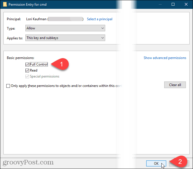 Periksa Kontrol Penuh dan klik OK pada kotak dialog Entri Entri di Windows Registry