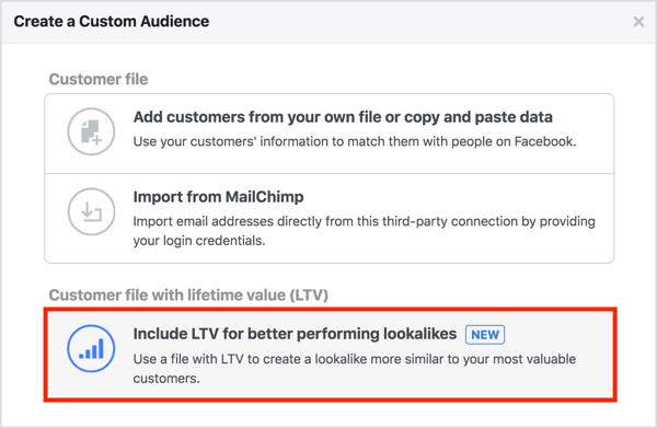 Pilih opsi Sertakan LTV untuk Performa Lebih Baik saat Anda membuat audiens kustom dari daftar pelanggan Anda. 