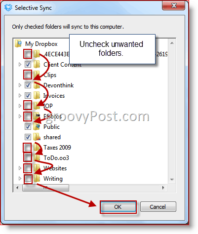 Pilihan folder Windows Selektif Sync Dropbox