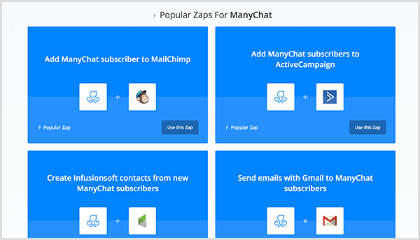 Molly Pitmann mengatakan bahwa integrasi Zapier memungkinkan Anda mengirim alamat email yang diberikan pengguna di Messenger ke perangkat lunak otomatisasi email Anda.