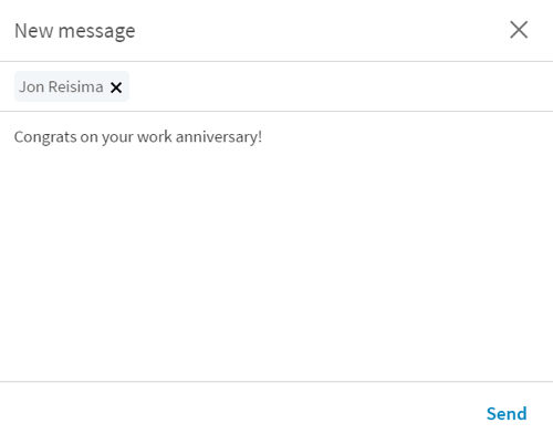 Saat Anda mengklik tombol Ucapkan Selamat, LinkedIn membuka pesan baru dengan catatan singkat.