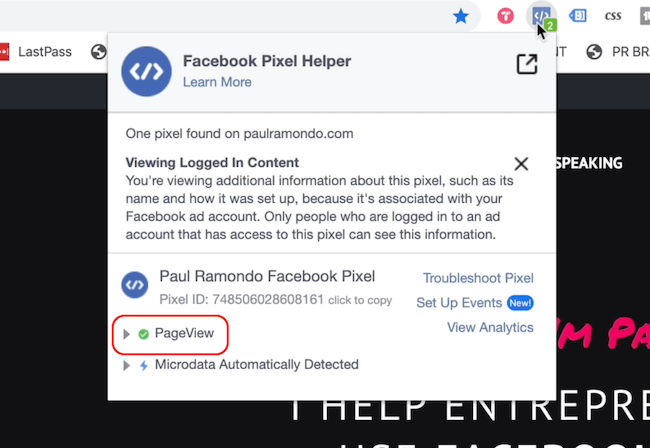 Facebook Pixel Helper menampilkan acara Page View