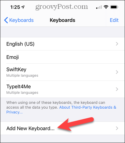 Ketuk Tambah Keyboard Baru di Pengaturan iPhone