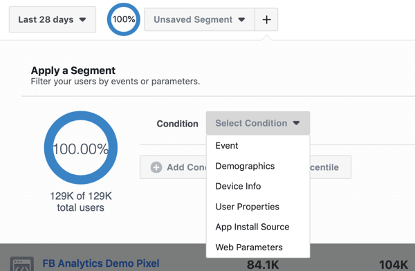 Opsi kondisi untuk Segmen Anda di grup sumber acara Analytics Facebook Anda.