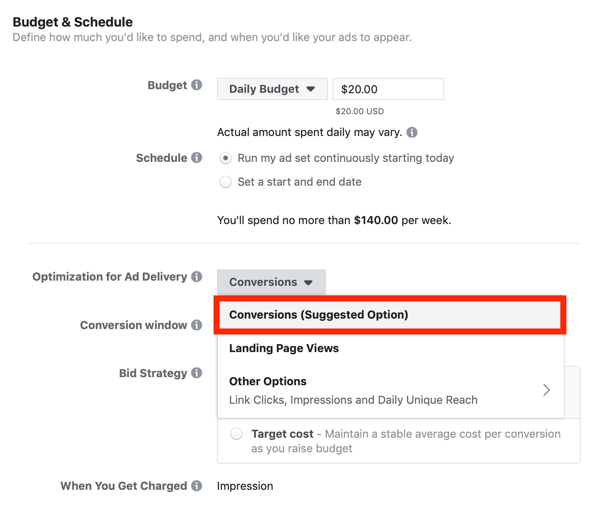 Kiat untuk menurunkan biaya Iklan Facebook Anda, opsi untuk mengoptimalkan pengiriman iklan untuk konversi