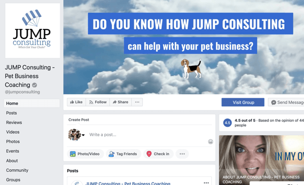 Cara menggunakan fitur Grup Facebook, contoh halaman Facebook untuk JUMP Consulting