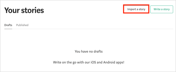 Pilih opsi Import Story di Medium.