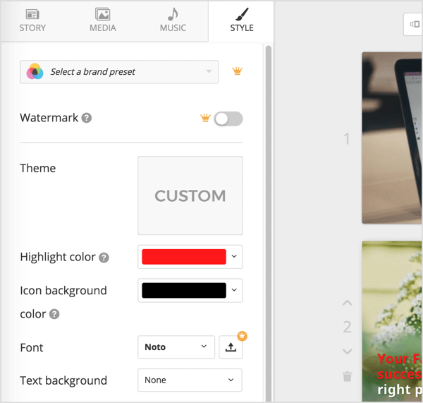 Buka tab Gaya Lumen5 untuk mengedit warna merek, font, latar belakang, gaya animasi, dan pemosisian. 