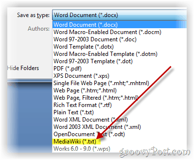Simpan dokumen word sebagai teks berformat mediawiki