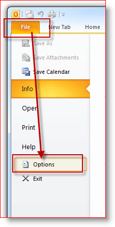 File Outlook 2010, Menu Opsi