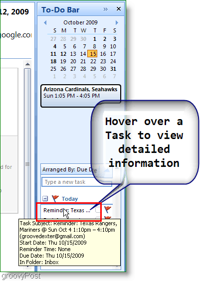 Bilah Agenda Outlook 2007 - Arahkan kursor ke item untuk detail lebih lanjut