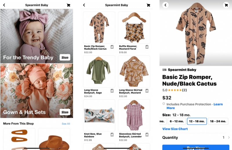 tiga tangkapan layar yang menunjukkan berbagai tahapan dari halaman facebook yang memposting toko dengan item yang dapat dibeli dari baju monyet bayi bertema gurun