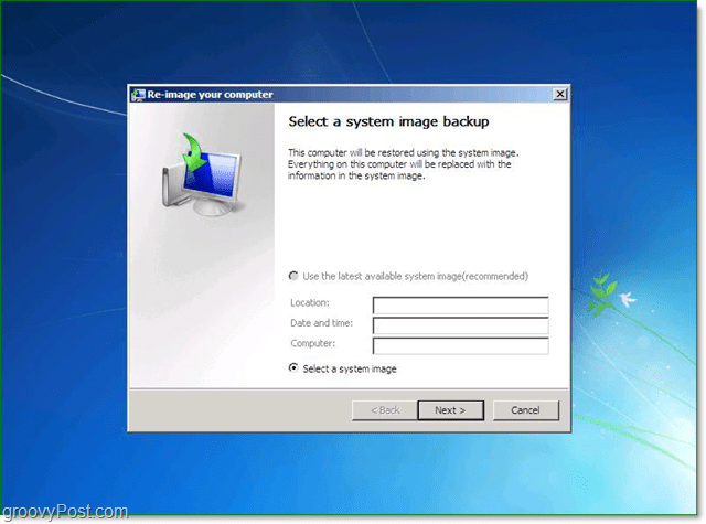 pilih Anda pencadangan gambar sistem Windows 7
