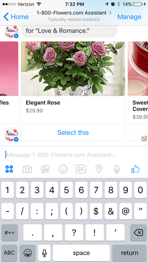 Pelanggan dapat dengan mudah menelusuri dan memilih produk dari chatbot 1-800-Flowers.