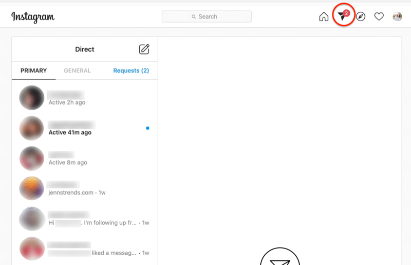 Tangkapan layar dasbor pesan langsung instagram dengan ikon pesawat kertas disorot