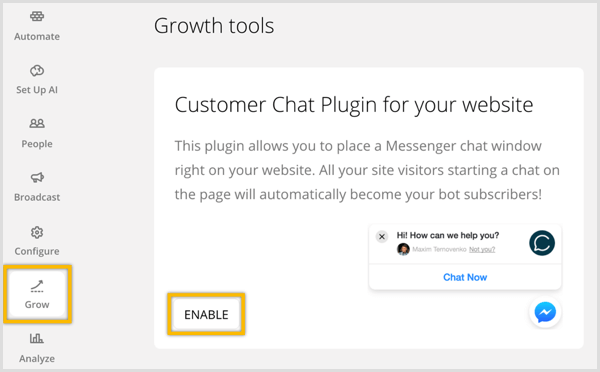 ChatFuel mengaktifkan plugin obrolan pelanggan