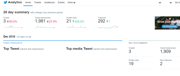 Contoh ringkasan 28 hari Twitter Analytics.
