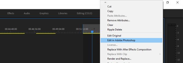 Gunakan alur kerja enam langkah untuk membuat video untuk berbagai platform, langkah 9, opsi menu untuk diedit di Photoshop dari Premiere Pro