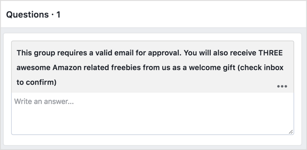 Minta calon anggota grup Facebook untuk memberikan alamat email mereka dengan imbalan freebie.