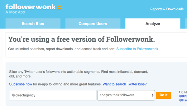 Pilih akun Twitter yang ingin Anda analisis dengan Followerwonk.