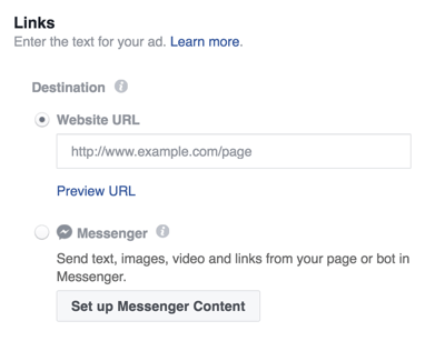 Pilih tujuan untuk iklan Facebook Messenger Anda.