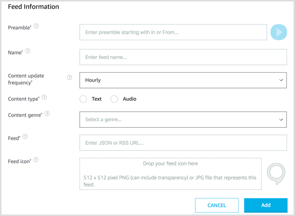 Isi halaman Informasi Umpan untuk mengonfigurasi umpan pengarahan singkat Alexa Anda.