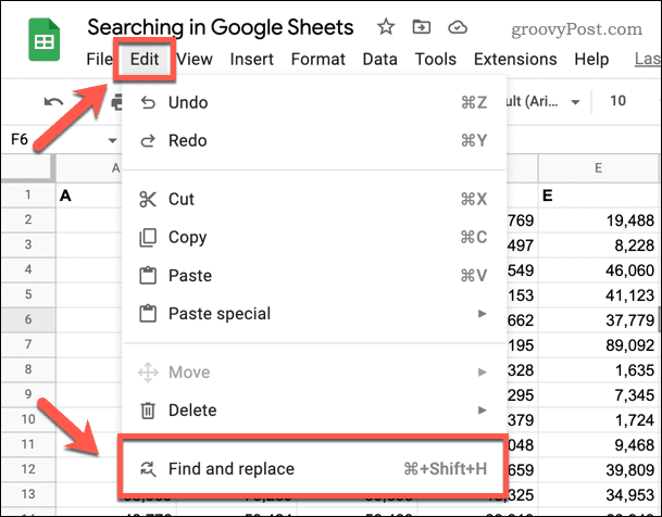 Membuka alat Temukan dan Ganti di Google Spreadsheet