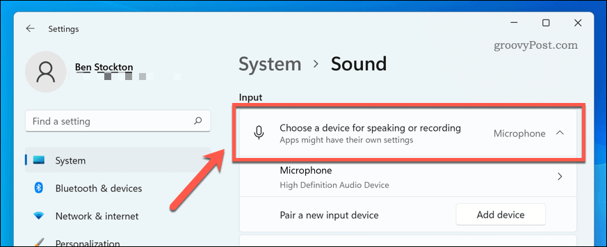 Memilih perangkat input suara di Windows 11