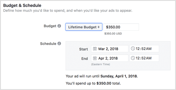 Pilih anggaran seumur hidup untuk iklan Anda.