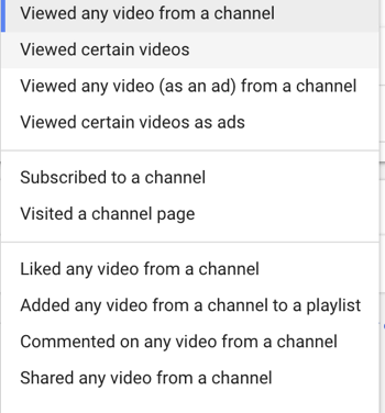 Cara menyiapkan kampanye iklan YouTube, langkah 27, tetapkan tindakan pengguna pemasaran ulang tertentu