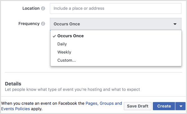 pilih interval dari menu Frekuensi untuk membuat acara rutin dengan halaman Facebook