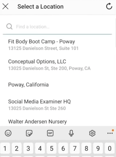 Contoh menu dari pilih opsi lokasi untuk tag lokasi instagram