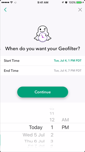 Pilih tanggal dan waktu untuk geofilter Snapchat Anda aktif.