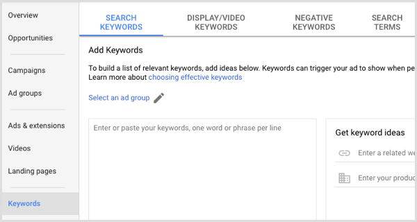 Google Adwords menambahkan kata kunci ke grup iklan