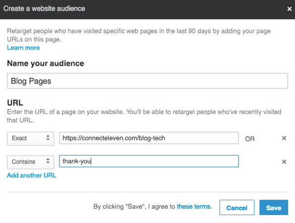 Anda dapat menambahkan beberapa URL untuk ditargetkan ulang dengan LinkedIn Matched Audiences.