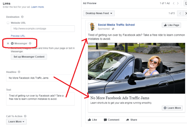 Setelah Anda memilih tujuan untuk iklan Facebook Messenger Anda, isi detail iklan lainnya.
