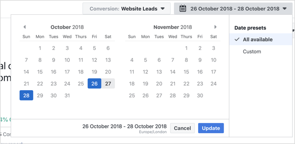 Pilih rentang tanggal yang ingin Anda lihat dengan alat Atribusi Facebook.