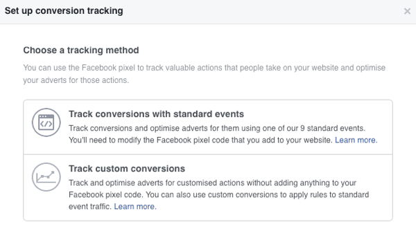 Anda dapat memilih dari dua metode pelacakan konversi untuk iklan Facebook.
