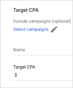Ini adalah tangkapan layar opsi Target CPA Google Ads. Opsi tersebut adalah Sertakan kampanye (opsional), Pilih kampanye, Nama, Target CPA (dengan kotak teks untuk memasukkan nilai). Mike Rhodes mengatakan opsi penawaran pintar Google Ads seperti Target CPA menggunakan kecerdasan buatan untuk mengelola penawaran.