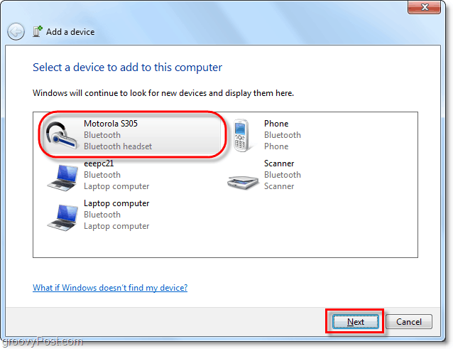 klik perangkat bluetooth Anda dari Windows 7 tambahkan wisaya perangkat dan klik berikutnya