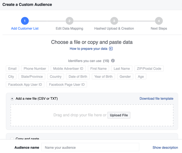 Saat membuat audiens kustom Facebook dari daftar email Anda, Anda dapat meningkatkan tingkat kecocokan Anda dengan pengenal tambahan.