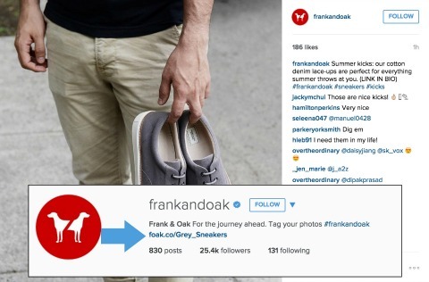 Contoh Frank dan Oak dalam menambahkan tautan ke bio Instagram Anda