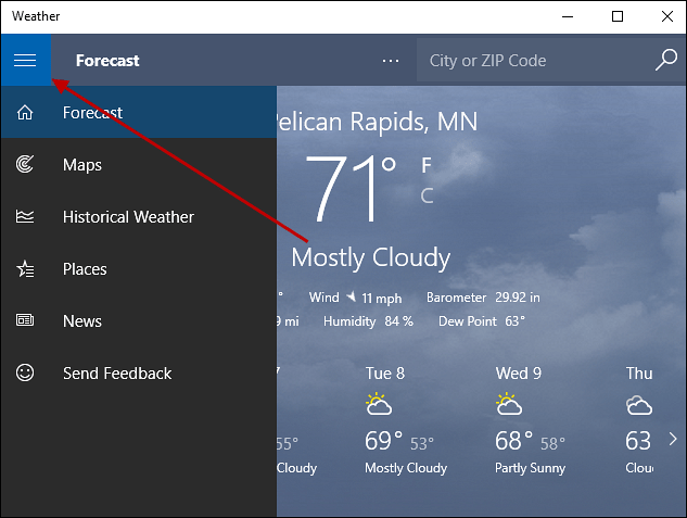 menu hamburger Windows 10 Weather