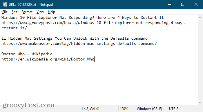 URL Tab dari ekstensi TabCopy disimpan di Notepad