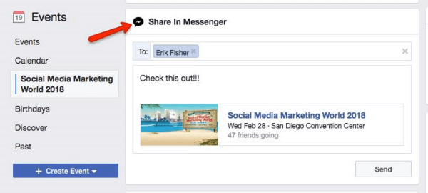 Facebook meminta pengguna untuk berbagi Acara yang ditemukan di Facebook dengan pengguna Messenger lainnya.