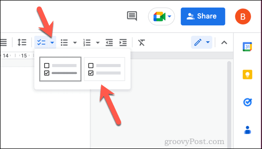 Opsi untuk kotak centang di Google Docs