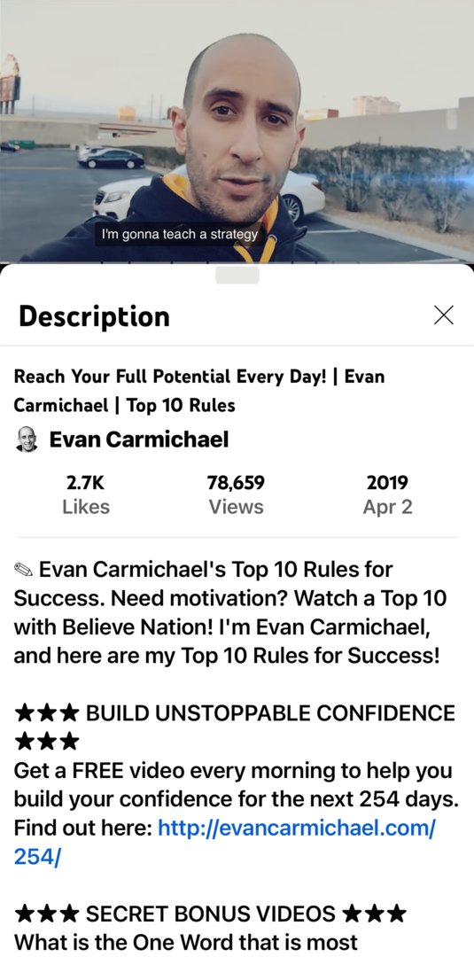 gambar video dan deskripsi Evan Carmichael YouTube di aplikasi seluler